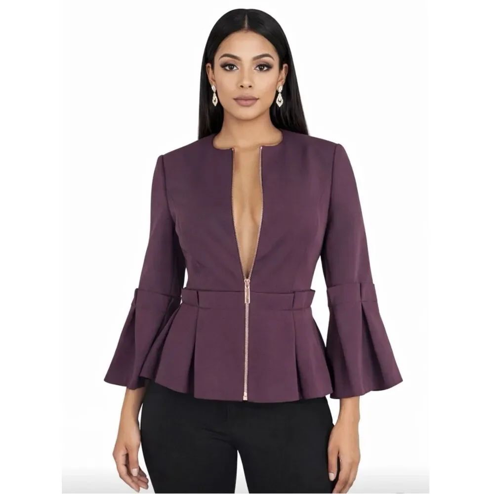 TED BAKER Plum Peplum Zip-Front Blazer Size 2